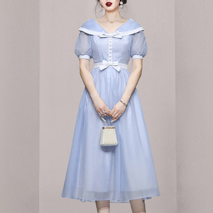 RM9925#新款气质甜美短袖收腰显瘦天蓝色连衣裙纱裙长裙