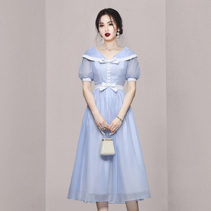RM9925#新款气质甜美短袖收腰显瘦天蓝色连衣裙纱裙长裙
