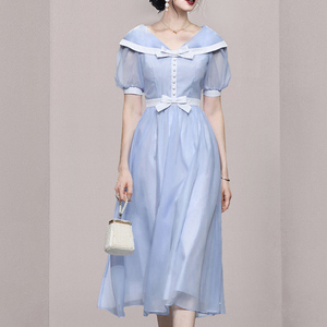 RM9925#新款气质甜美短袖收腰显瘦天蓝色连衣裙纱裙长裙