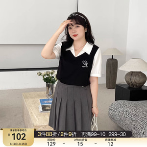 采多宝高端轻奢大码女装胖mm显瘦穿搭夏款小众原创撞色假两件上衣
