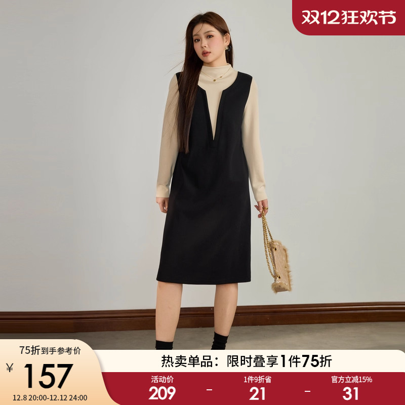 采多宝大码女装名媛时尚撞色显瘦连衣裙胖mm冬装修身显瘦厚款长裙