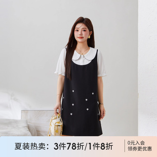 女装 采多宝高端大码 撞色小香风假两件连衣裙胖mm宽松显瘦绣花长裙