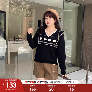 采多宝高端大码女装胖mm身材显瘦穿搭秋冬V领爱心提花木耳边毛衣