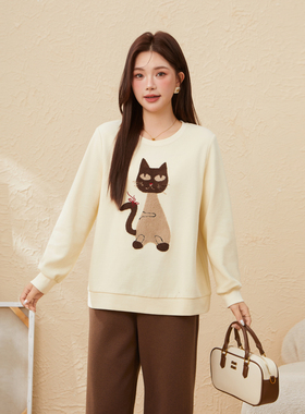 采多宝大码女装胖mm2025冬季新款圆领趣味毛巾绣猫咪卫衣EDZ5937