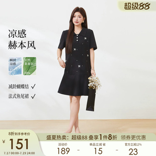 采多宝气质凉感通勤大码女装胖mm新款印花POLO领蝴蝶结鱼尾连衣裙