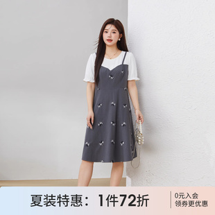 显瘦长裙 采多宝大码 女装 连假两件吊带绣花连衣裙胖妹妹泡泡袖 修身