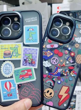 comma柯玛文创拼贴磁吸保护壳15系列防摔个性潮流15pro适用于苹果iPhone15promax黑色软边卡通创意文艺手机套