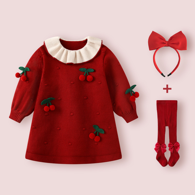 周岁女宝宝礼服秋冬红色连衣裙