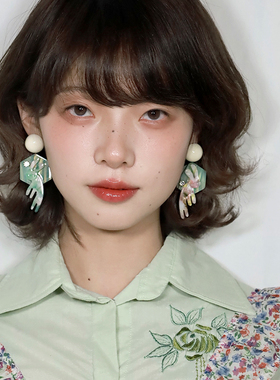 西迟不对称青绿兔春夏新款耳环耳夹原创小众高级感独特仙气绿色