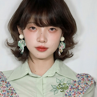 西迟不对称青绿兔春夏新款 耳环耳夹原创小众高级感独特仙气绿色
