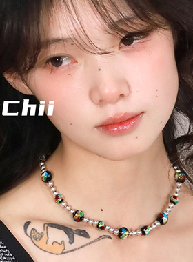 彩色天然石珠拼接高级灰珍珠项链嘻哈潮男女同款锁骨链潮流个性饰