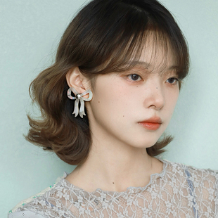 西迟原创设计十字星珍珠蝴蝶结耳环耳夹简约耳饰百搭925银针