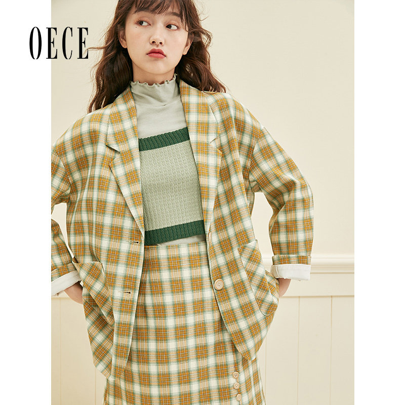 Oece格纹复古个性英伦小西装外套春秋新款女款韩版西服上衣