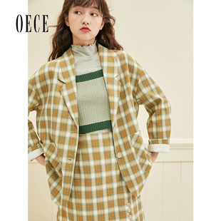 Oece格纹复古个性英伦小西装外套春秋新款女款韩版西服上衣