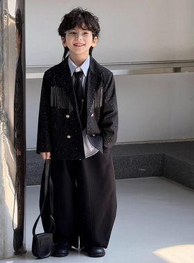 男童西装套装秋季新款儿童黑色帅气西服花童礼服主持人走秀演出服