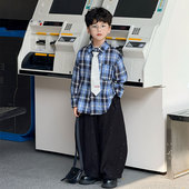 套装 衬衣韩版 春季 儿童休闲帅气长袖 洋气上衣 新款 男童蓝色格子衬衫