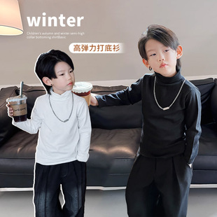 男童打底衫纯棉半高领加厚保暖黑色白色2023冬季新款儿童卫衣内搭