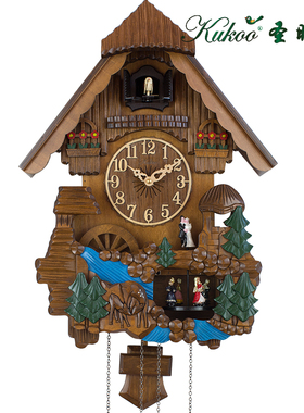 实木手工雕刻水车舞台旋转布谷鸟钟咕咕钟彩绘客厅壁挂钟6045