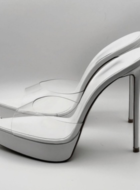 尖头水台时装凉鞋轻奢PVC白色漆皮细跟高跟鞋宴会sandals2025新款