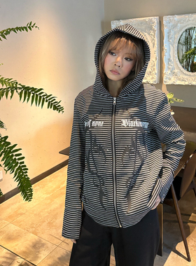 春季新品小众图腾哥特音符条纹拉链正肩修身男女宽松连帽开衫外套