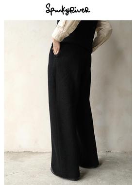 SPR｜意大利珍珠呢圈圈羊毛黑色女士复古弯刀阔腿高腰羊毛裤 显瘦