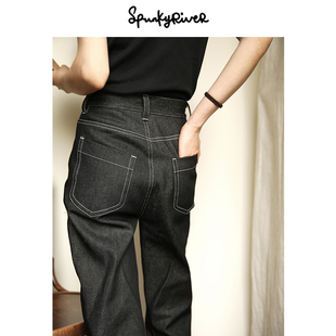 SpunkyRiver女士高腰锥型小直筒牛仔裤日本冈山炭黑色原牛
