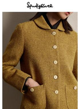 SPR｜harris tweed哈里斯粗花呢羊毛姜黄女士复古青果领外套法式