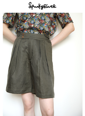 SPR｜意大利亚麻高腰复古女士短裤 橄榄绿/黑色 法式