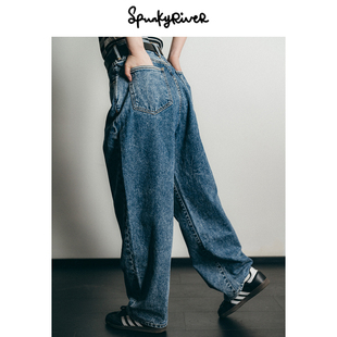 SpunkyRiver女士超高腰复古宽松锥形水洗雪花做旧牛仔裤冈山牛仔