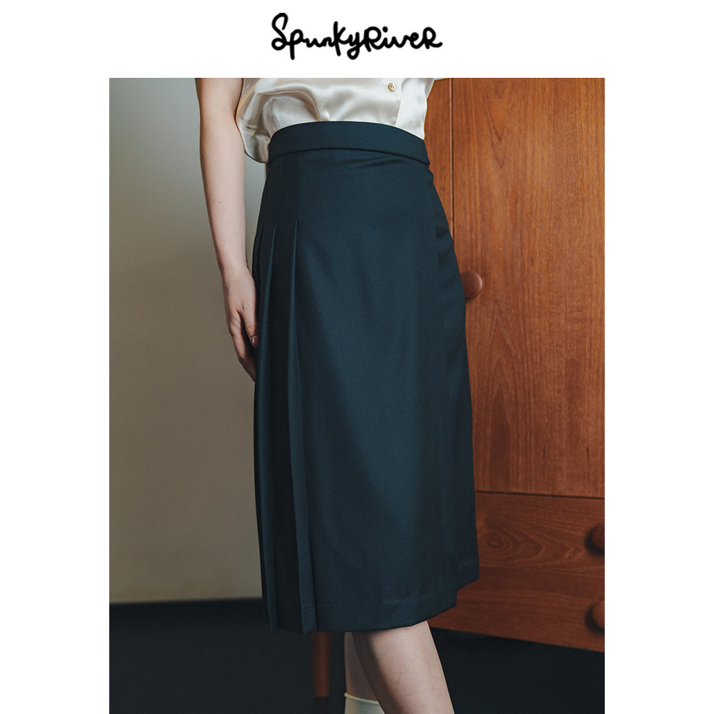 SpunkyRiver宽松高腰精纺随性气质半身裙意大利羊毛复古职业