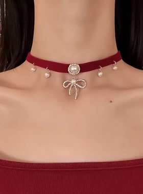 新年红色镶钻蝴蝶结珍珠项链优雅小众百搭锁骨链轻奢高级感项饰女