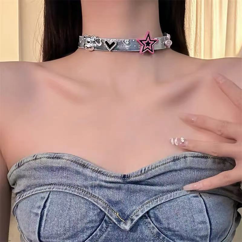 新款粉色五角星银色皮革项链项圈女甜酷个性颈带颈环choker颈链女