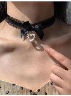 纯欲风饰品甜美Lolita珍珠爱心吊坠蝴蝶结颈链Choker锁骨链项链女