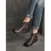 2025一脚蹬厚底复古真皮圆头平跟马丁靴短靴高帮鞋 单靴坡跟女靴