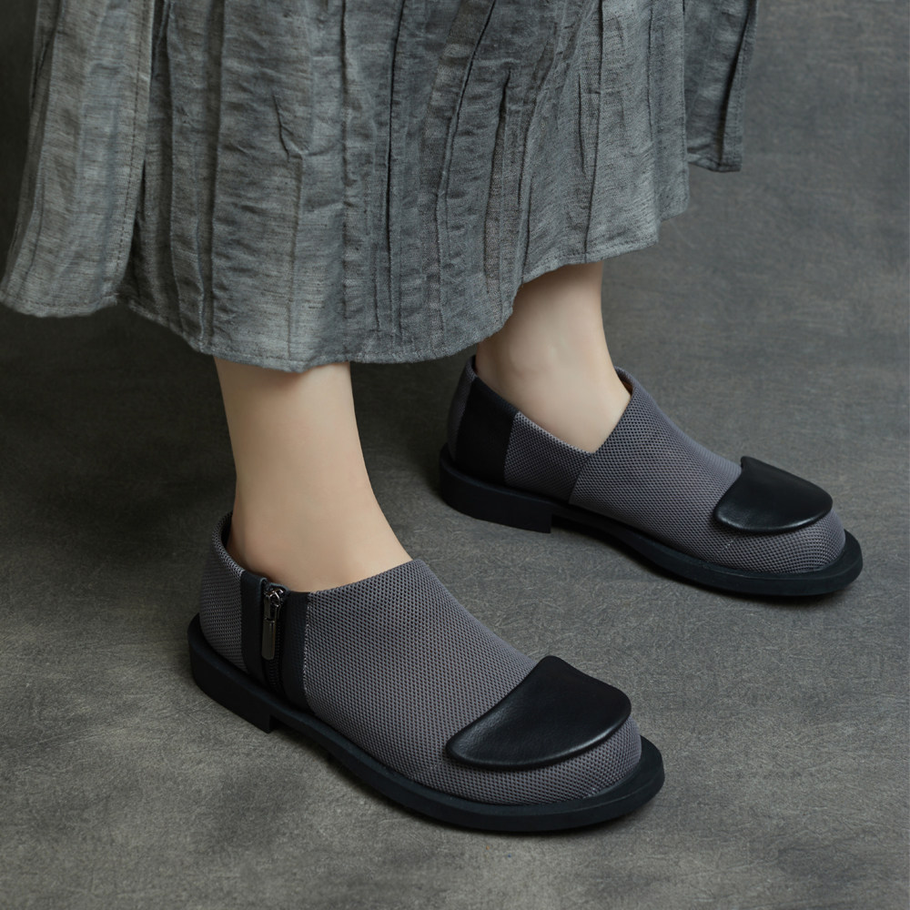 网面透气一脚蹬套脚鞋2026春季新款英伦真皮圆头拼接平跟浅口女鞋