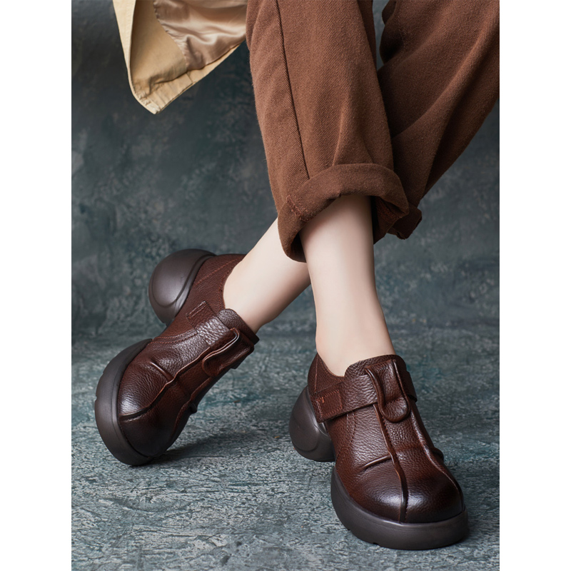 魔术贴厚底乐福鞋圆头套脚女单鞋