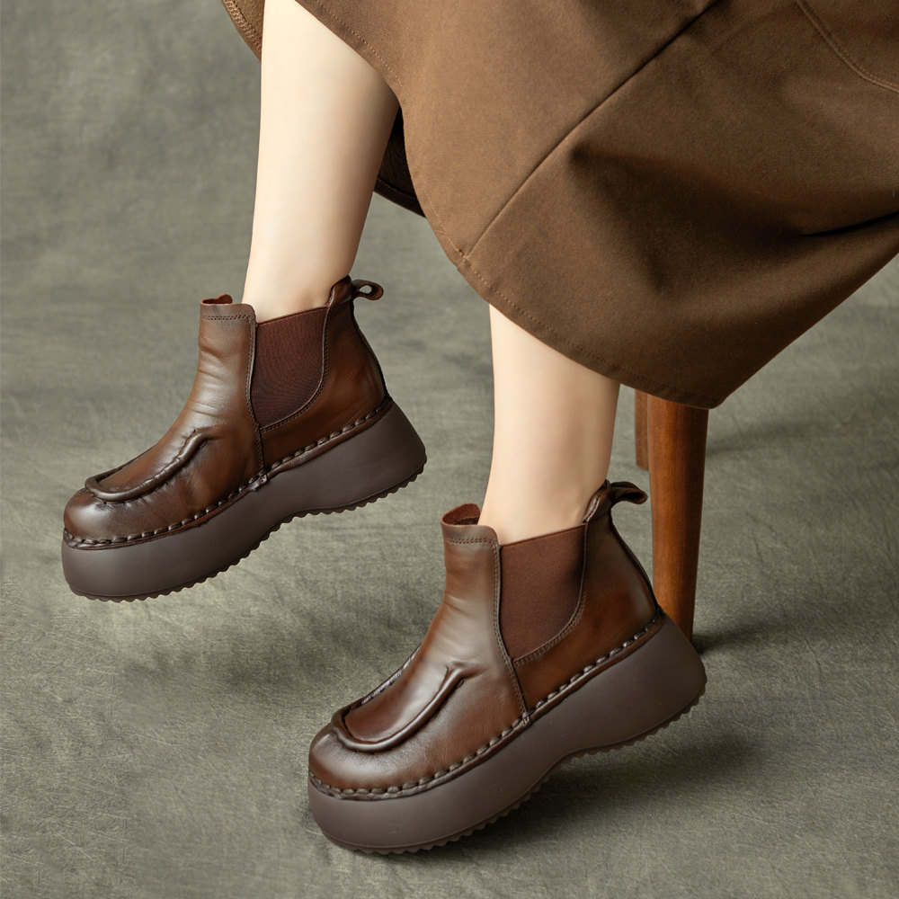 坡跟短靴女2025秋冬新款英伦风套脚单靴弹力松紧真皮厚底马丁靴女,女鞋,马丁靴,淘宝优惠券,粉丝福利购,淘宝优惠卷