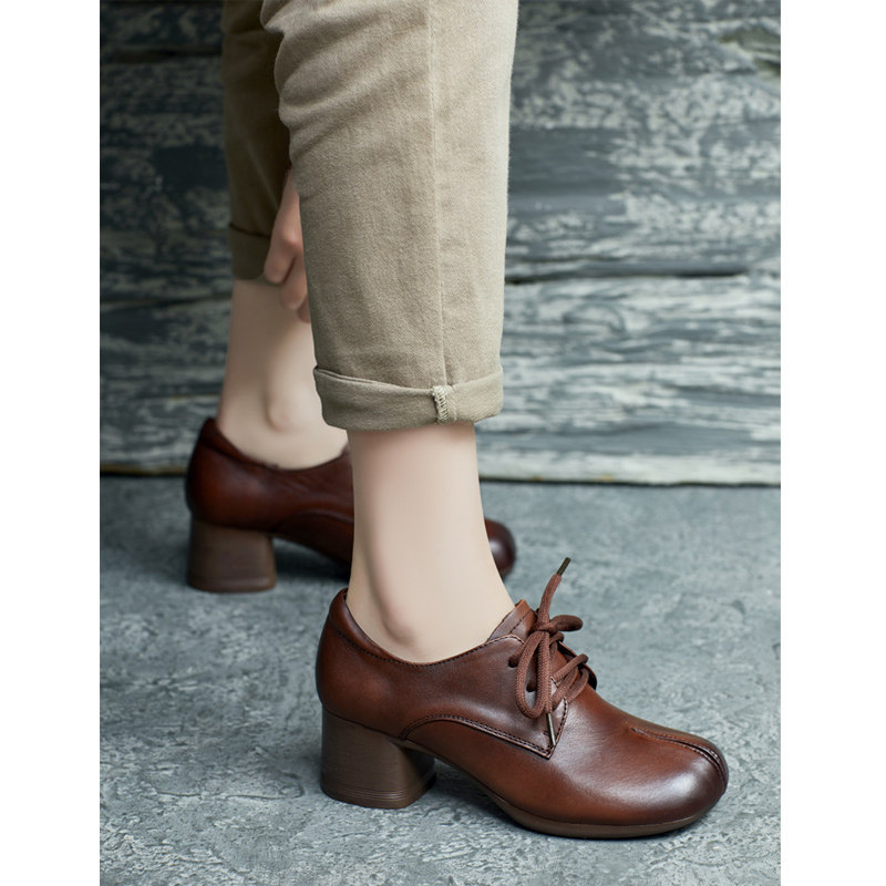 2025春季新款手工圆头真皮系带舒适粗跟单鞋深口中跟系带英伦女鞋,女鞋,浅口单鞋,淘宝优惠券,粉丝福利购,淘宝优惠卷