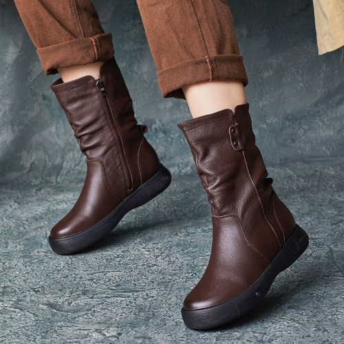 复古手工真皮增高厚底中筒骑士靴