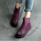 2025秋冬新款 民族风复古真皮手工年年有鱼平底短靴软底女鞋 靴子女