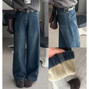 加绒加厚休闲秋冬新款高腰纯色垂感宽松百搭保暖弯刀牛仔阔腿裤女