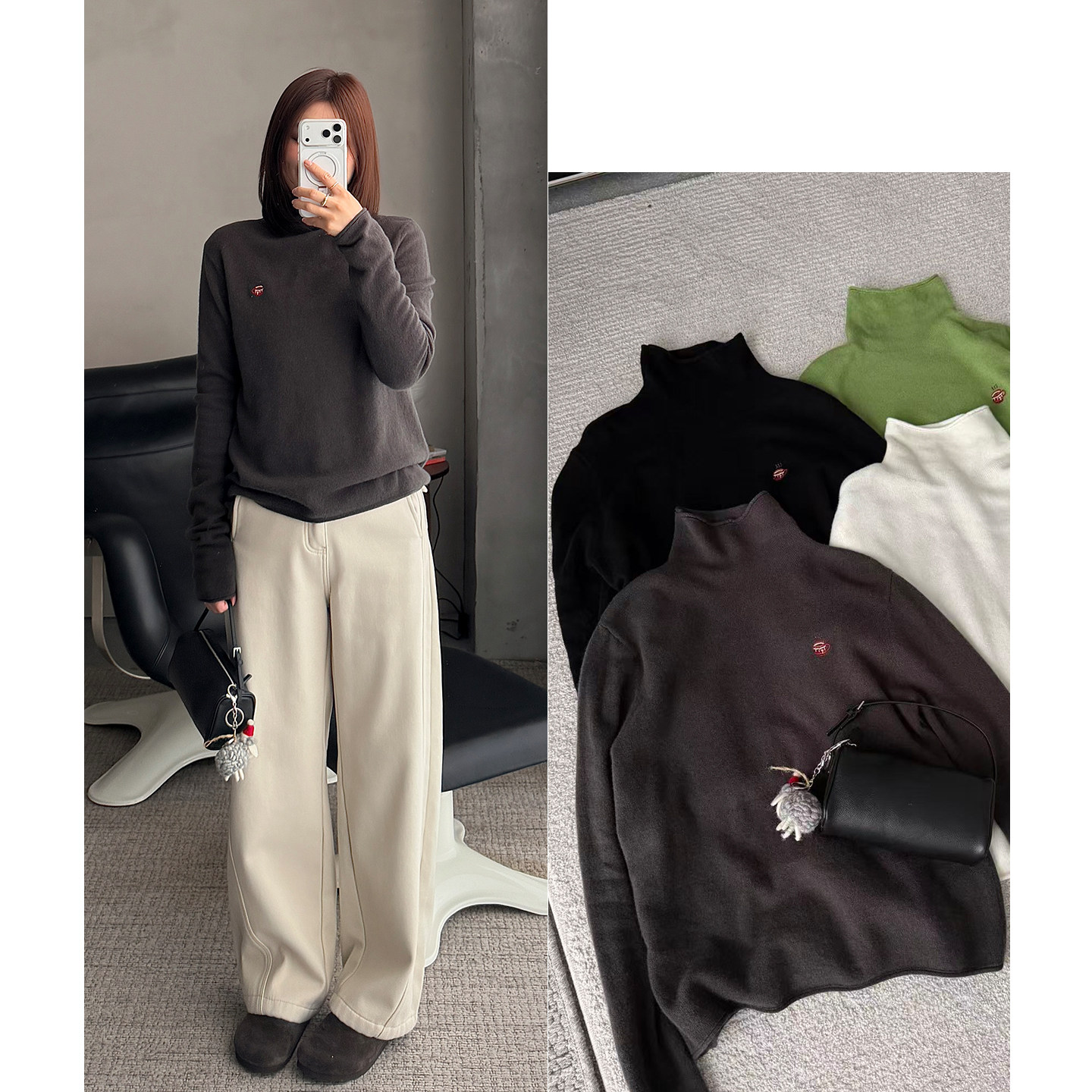 100%羊毛亲肤柔软秋冬新款简约高领卷边杯子刺绣叠穿内搭针织衫女