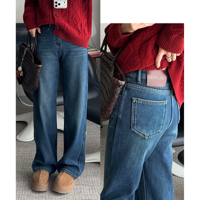 复古休闲窄版纯色水洗直筒牛仔裤