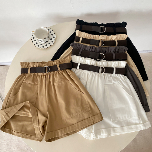 Real-price summer shorts Korean style fashionable simple high-waisted slim student casual wide-leg pants with belt