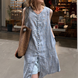 衬衫 春夏新款 显瘦连衣裙中长款 色织亚麻慵懒松弛感大码 韩国单