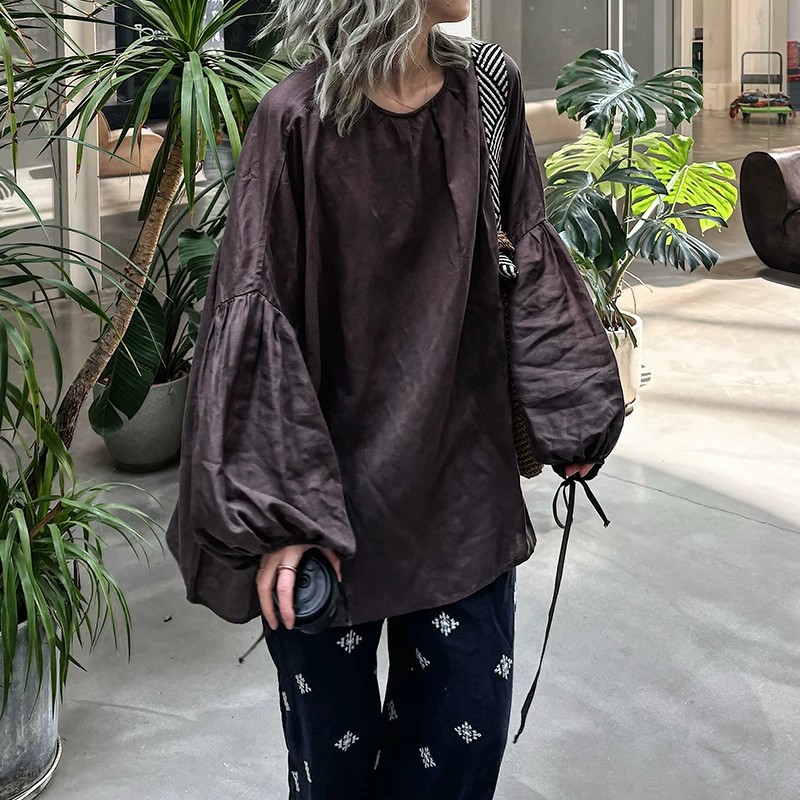 春夏法式慵懒汉麻大码灯笼袖衬衫