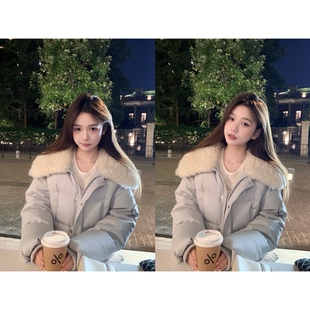 新款 BBen 2025冬季 90白鸭绒真羊毛领拼接羽绒服女短款 外套 暖fufu