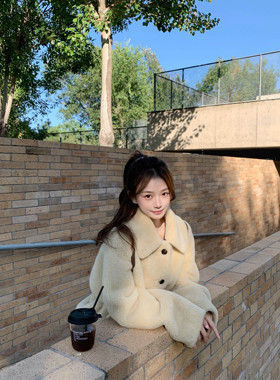 BBen 落日余晖 奶黄羊羔毛翻领外套女秋冬2025新款皮毛一体外搭