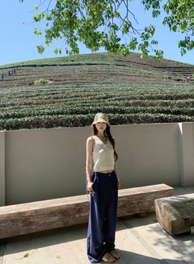 BBen 垂垂神ku藏蓝色直筒休闲裤女高腰显瘦美式复古阔腿裤