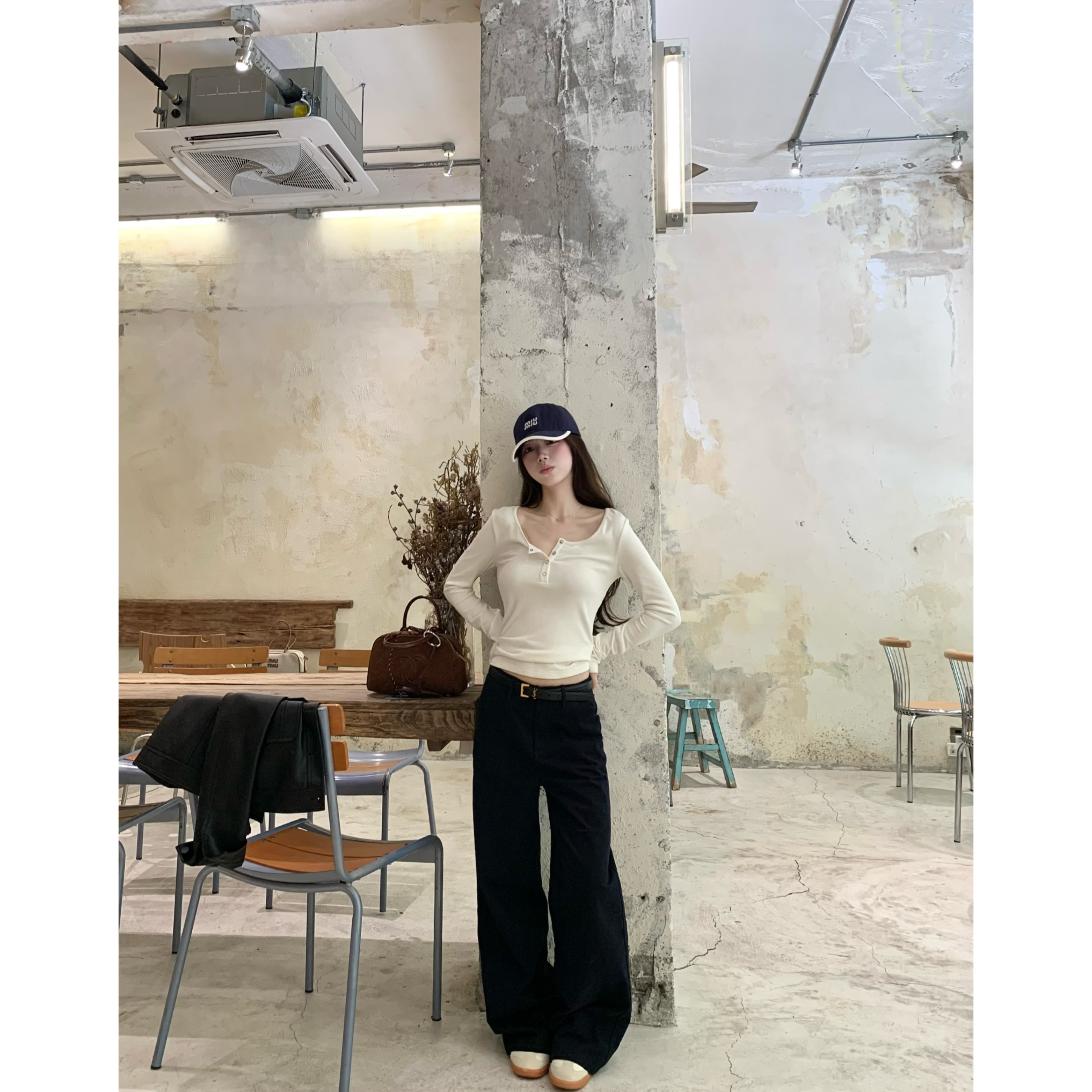 BBen 老钱美学 藏蓝色磨毛感直筒裤女2025秋季新款显瘦显高休闲裤
